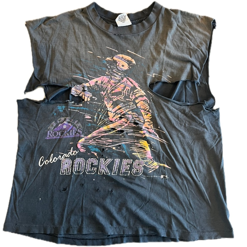 Thrashed Y2K 90’s Neon Colorado Rockies Faded Holes Ripped Made in USA Cotton XL